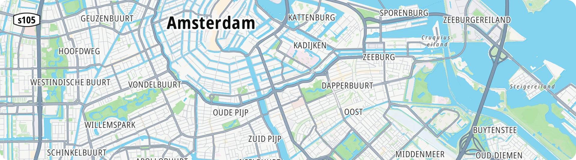 Google-kaart van Amsterdam met wegen en straten in felle kleuren